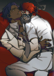  2boys belt blue_hair cigarette dark-skinned_male dark_skin gundam gundam_hathaway&#039;s_flash hand_under_clothes hand_under_shirt hangleing holding holding_cigarette jacket kenneth_sleg lane_aim looking_at_another lying lying_on_person male_focus multiple_boys muzzle necktie on_back open_clothes open_shirt orange_eyes pants partially_undressed red_eyes red_hair shirt short_hair smoke yaoi 