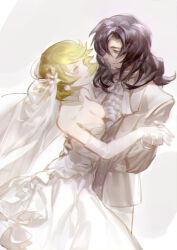  1boy ascot black_hair blonde_hair blue_eyes breasts bridal_veil bride cleavage couple cowboy_shot dancing dress elbow_gloves female flower gilbert_durandal gloves gundam gundam_seed gundam_seed_destiny hair_flower hair_ornament hand_on_another&#039;s_back hangleing holding_hands jacket long_hair medium_breasts orange_eyes shirt short_hair simple_background smile straight strapless strapless_dress suit talia_gladys upper_body veil waltz_(dance) wavy_hair white_ascot white_background white_dress white_gloves white_jacket white_shirt 