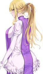  blonde_hair breasts dress elbow_gloves female from_side gloves highres large_breasts long_hair looking_at_viewer mirufui neck no_headwear purple_tabard sidelocks sweat tabard touhou white_dress white_gloves yakumo_yukari yellow_eyes 