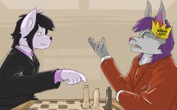  annoyed anthro black_hair burger_king_crown canid canine canis chess chess_board chess_piece duo eye_contact fox fur grey_body grey_fur hair looking_at_another lucas_poland lucas_poland_(old_design) male male/male mammal maxxxymooo playing_chess purple_hair sillybilly_(old_design) slavv0 smile smirk smirking_at_another white_body white_fur wolf 