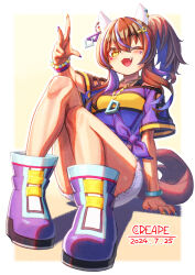  ;d animal_ears bead_bracelet beads blue_hair blue_shirt boots bracelet breasts brown_hair collarbone colored_inner_hair commentary_request contrapposto creape daitaku_helios_(umamusume) dated ear_covers ear_piercing facial_tattoo female fingernails full_body hair_between_eyes hair_ornament hairclip highres horse_ears horse_girl horse_tail jewelry looking_at_viewer medium_breasts medium_hair multicolored_hair necklace oerba_yun_fang one_eye_closed open_mouth piercing shirt shoes shorts simple_background sitting smile solo streaked_hair striped_clothes striped_shirt tachi-e tail tattoo tenkey2022 twitter_username umamusume w white_background white_shorts yellow_eyes 