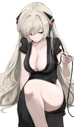  absurdres alternate_costume badnick69_(camchi) black_dress blonde_hair breasts cleavage closed_mouth collarbone commentary_request commission cosplay dress female g3_(girls&#039;_frontline) girls&#039;_frontline highres korean_commentary light_smile long_hair mabinogi nao_(mabinogi) nao_(mabinogi)_(cosplay) pixiv_commission purple_eyes simple_background sitting solo white_background 