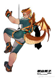  1boy absurdres ass bara bodysuit breath_weapon breathing_fire bulge calf climbing dragon_boy dragon_ears dragon_horns dragon_tail dragonpie facial_hair fire from_behind full_body gloves green_bodysuit highres horns looking_at_viewer male_focus muscular muscular_male orange_hair original profile pyrokinesis scales short_hair sideburns_stubble slit_pupils solid_beard solo stubble tail thick_eyebrows tusks undercut white_background 