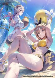  2girls ass atelier_(series) atelier_resleriana atelier_ryza ball beach beachball bikini blue_eyes bracelet breasts brown_eyes brown_hair commentary_request demon_horns gesoking green_eyes grey_hair hair_ornament hairband holding holding_ball holding_beachball holding_swim_ring horns in-franchise_crossover jewelry large_breasts looking_at_viewer low_twintails multicolored_hair multiple_bracelets multiple_girls official_art palm_tree purple_hair reisalin_stout short_hair sitting smile standing starfish_hair_ornament sweat swim_ring swimsuit thighs tree twintails two-tone_hair valeria_(atelier) yellow_bikini 