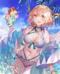  ahoge aqua_bow bare_shoulders beach bikini blonde_hair blue_sky bow breasts cleavage collarbone cup fate/grand_order fate_(series) female hairbow half_updo haori highleg highleg_bikini highres japanese_clothes large_breasts long_sleeves looking_at_viewer mug off_shoulder okita_j._souji_(fate) okita_j._souji_(third_ascension)_(fate) okita_souji_(fate) open_mouth rioka_(southern_blue_sky) short_hair sky smile solo swimsuit white_bikini wide_sleeves yellow_eyes 