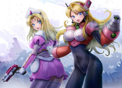  2girls alia_(mega_man) arm_cannon black_bodysuit blonde_hair blue_eyes blurry blurry_background bodysuit commission cowboy_shot dress gun highres holding holding_gun holding_weapon kiwakiwa long_hair mega_man_(series) mega_man_x2 mega_man_x_(manga) mega_man_x_(series) multiple_girls pink_arm_warmers pink_dress pixiv_commission thighhighs weapon 