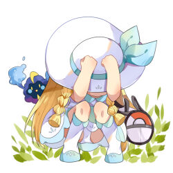  blonde_hair braid commission cosmog covering_head dress female full_body hat lillie_(pokemon) long_hair panties pantyshot poke_ball_print pokemon pokemon_(creature) pokemon_sm squatting underwear white_background white_dress white_footwear white_hat white_panties zrae 