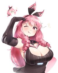  ayla:_kaleido_(punishing:_gray_raven) ayla_(punishing:_gray_raven) black_shirt breasts cleavage closed_mouth drill_hair female large_breasts long_hair mechanical_arms myam_(123ab456c) one_eye_closed pink_eyes pink_hair punishing:_gray_raven shirt side_drill tongue tongue_out 