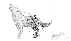  black_and_white black_body black_fur canid canine canis fur glass grey_body grey_fur hi_res ink inked mammal monochrome open_mouth rock shards solo suqk white_body white_eyes white_fur wolf 