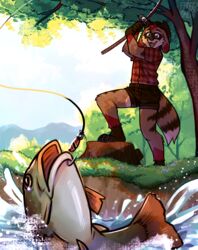  absurd_res anthro bottomwear canid canine clothing cowboy_hat duo female fish fish_hook fishing fishing_rod flannel_shirt forest forest_background froggsalt hat headgear headwear hi_res hook mammal marine nature nature_background plant procyonid raccoon raccoon_dog river riverside shorts solo_focus splash tree 