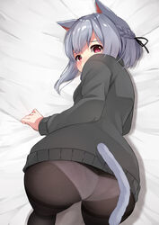  animal_ears ass bed_sheet black_pantyhose black_ribbon black_sweater blush braid cat_ears cat_girl cat_tail commentary_request covered_mouth female grey_hair hair_ribbon highres long_hair long_sleeves looking_at_viewer looking_back original panties panties_under_pantyhose pantyhose red_eyes ribbon solo sora_(silent_square) sweater tail thighband_pantyhose tsugumi-chan_(sora) underwear 