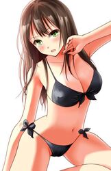  bikini black_bikini black_hair breasts cleavage duplicate female green_eyes idolmaster idolmaster_cinderella_girls kurage1 long_hair non-web_source shibuya_rin simple_background solo swimsuit white_background 