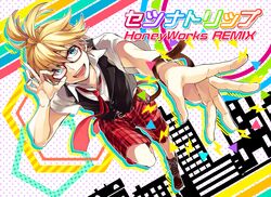  1boy adapted_costume adjusting_eyewear belt bespectacled blonde_hair blue_eyes boots brown_belt brown_footwear cityscape commentary cross-laced_footwear dutch_angle glasses honeyworks kagamine_len knee_boots looking_at_viewer male_focus open_mouth outstretched_arm patterned_background plaid plaid_shorts red-framed_eyewear setsuna_trip_(vocaloid) short_ponytail shorts smile solo_focus song_name sweater_vest vocaloid yamako_(state_of_children) 