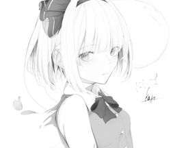  bow bowtie closed_mouth eyes_visible_through_hair female greyscale hair_between_eyes highres hito_komoru_(style) hitodama kisaragi_yaya konpaku_youmu konpaku_youmu_(ghost) looking_at_viewer monochrome parted_lips short_hair signature simple_background solo teeth touhou unfinished upper_body white_background 