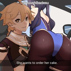  1boy aether_(genshin_impact) ass bad_id bad_twitter_id black_hair black_pantyhose black_shirt blonde_hair blue_leotard braid brown_eyes car_interior commentary cropped_shirt english_commentary english_text female genshin_impact hair_between_eyes he_wants_to_order_(meme) highres leotard long_hair looking_at_viewer meme mona_(genshin_impact) pantyhose selfie shirt side-view_mirror smile three_quarter_view twintails twitter_username vehicle_interior yuushiba 