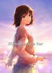  2020 brown_eyes brown_hair female from_side happy_new_year highres looking_at_viewer nayuta69 new_year original pink_shirt shirt short_hair skirt smile solo upper_body yellow_skirt 