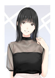  black_hair brown_eyes female grin hand_up highres long_hair looking_at_viewer md5_mismatch nayuta69 original see-through see-through_sleeves shirt shirt_tucked_in skirt smile solo upper_body white_shirt white_skirt 