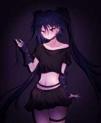  absurdres black_background black_shirt black_skirt blue_hair breasts brown_hair crop_top cropped_shirt female fishnet_pantyhose fishnets goth_fashion highres idol_corp long_hair looking_at_viewer midriff navel open_mouth pantyhose red_eyes shirt single_leg_pantyhose skirt small_breasts solo thigh_strap thinkuwu twintails virtual_youtuber yuko_yurei 