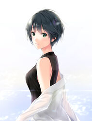  black_hair black_shirt breasts commentary female from_side green_eyes highres jacket looking_at_viewer medium_breasts nayuta69 open_clothes open_jacket original shirt short_hair sleeveless sleeveless_shirt smile solo white_jacket 