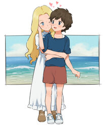  2girls :d ;) anna_(omoide_no_marnie) arm_up blonde_hair blue_eyes blue_ribbon blue_shirt blue_sky blush brown_footwear brown_hair brown_shorts closed_mouth cloud commentary_request couple day dress eye_contact full_body happy heart hug hug_from_behind long_hair looking_at_another marnie_(omoide_no_marnie) meis_(terameisu) multiple_girls neck_ribbon ocean omoide_no_marnie one_eye_closed open_mouth outdoors ribbon shirt shoes short_hair short_sleeves shorts sky smile sneakers standing white_dress white_footwear yuri 