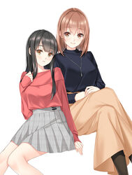  2girls black_hair black_shirt black_socks breasts brown_eyes brown_hair brown_skirt commentary_request grey_skirt highres long_hair long_skirt long_sleeves looking_at_viewer medium_breasts medium_hair multiple_girls nayuta69 necktie original pantyhose parted_lips partial_commentary red_shirt shirt skirt smile socks 