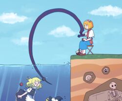  2girls alice_margatroid apron ball basket black_headwear black_skirt black_vest blonde_hair blue_dress blue_sky bois_de_justice bow brown_footwear capelet closed_eyes cloud commentary_request cookie_(touhou) day dies_irae dress fishing frilled_apron frilled_capelet frilled_hairband frilled_necktie frilled_sash frilled_skirt frills full_body glasses hairband hat highres hinase_(cookie) hita_(hizokuseikogeki) kirisame_marisa living_clothes long_hair manatsu_no_yo_no_inmu multiple_girls necktie niconico open_mouth outdoors partial_commentary purple_bow rectangular_eyewear red-framed_eyewear red_hairband red_necktie red_sash sash shinza_bansho_series shoes short_hair sitting skeleton skirt sky smiley_face touhou uzuki_(cookie) vest waist_apron water white_apron white_capelet witch_hat 