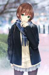  bag beige_cardigan black_pantyhose blue_scarf brown_hair cardigan female green_eyes grey_skirt head_tilt highres jacket long_sleeves looking_at_viewer mole mole_under_mouth nayuta69 open_clothes open_jacket original outdoors pantyhose parted_lips scarf school_bag school_uniform short_hair skirt smile solo 