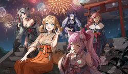  1991_(blz) 5girls ahoge animal_ears belt black_belt black_choker black_hair blue_eyes blush braid braided_bangs breasts choker cleavage crow_(la+_darknesss) demon_girl detached_sleeves fireworks ganmo_(takane_lui) grey_hair hakama hakama_skirt hakui_koyori hakui_koyori_(new_year) head_wings highres hololive holox horns japanese_clothes kazama_iroha kazama_iroha_(new_year) kimono kokoro_(hakui_koyori) la+_darknesss la+_darknesss_(new_year) large_breasts long_hair medium_breasts medium_hair multicolored_hair multiple_girls obi orange_eyes outdoors pink_eyes pink_hair pokobee print_kimono purple_hair red_eyes sakamata_chloe sakamata_chloe_(new_year) samurai sarashi sash short_hair sitting skirt slit_pupils small_breasts smile streaked_hair tail takane_lui takane_lui_(new_year) tsukune_(takane_lui) tsumire_(takane_lui) twintails very_long_hair virtual_youtuber wide_sleeves wings wolf_ears wolf_girl yellow_eyes 