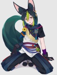  1boy absurdres animal_ear_fluff animal_ears asymmetrical_sleeves axescr blunt_ends bob_cut boots earrings fox_boy fox_ears fox_tail genshin_impact green_hair highres jewelry male_focus multicolored_hair obi sash short_hair simple_background single_earring solo streaked_hair tail tighnari_(genshin_impact) tongue tongue_out vision_(genshin_impact) wrist_cuffs 