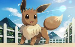  :d blue_sky brown_eyes bush cloud commentary_request day eevee fence flower full_body lens_flare looking_away looking_to_the_side no_humans open_mouth outdoors partial_commentary petals pokemon pokemon_(creature) road shibainu sky smile solo standing white_flower wooden_fence 