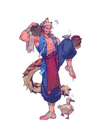  1boy absurdres anger_vein animal_ears animal_on_head armpit_peek bad_id bad_weibo_id bandaged_arm bandaged_foot bandages bara beard bird bird_on_head bottle carrying_over_shoulder cup drunk drunk_tiger_(kuro) duck facial_hair fish_in_mouth full_body hair_slicked_back highres holding_too_many_things kuroshima_kurishiro_(muyi24108414) male_focus mature_male multicolored_hair muscular muscular_male mustache_stubble notice_lines object_on_knee on_head original pectoral_cleavage pectorals pelvic_curtain sakazuki scar scar_on_chest short_hair sidepec solo standing standing_on_one_leg stubble tail textless_version tiger_boy tiger_ears tiger_tail tokkuri two-tone_hair white_hair 