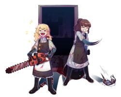  2girls apron black_apron black_footwear black_skirt black_vest blonde_hair blood blood_on_clothes blood_on_face blood_on_weapon blood_trail blue_gloves blunt_bangs boots bow braid brown_hair chainsaw closed_eyes commentary_request cookie_(touhou) corpse_disposal door footprints full_body gloves hairbow hakurei_reimu highres hita_(hizokuseikogeki) holding holding_chainsaw kirisame_marisa laughing long_hair long_sleeves mask medium_hair mouth_mask multiple_girls open_mouth ponytail red_bow rubber_gloves rurima_(cookie) shirt side_braid single_braid skirt smile standing star_(symbol) suzu_(cookie) throwing touhou transparent_background trash_bag vest waist_apron weapon white_apron white_shirt 