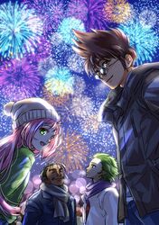  2boys 2girls :d akira_ituki blue_eyes blue_pants brown_coat brown_eyes brown_hair closed_eyes closed_mouth coat facial_hair fire_bomber fireworks green_eyes green_hair green_sweater grey_scarf hand_in_pocket lens_flare long_hair looking_at_viewer looking_back looking_down macross macross_7 moustache multiple_boys multiple_girls mylene_jenius nekki_basara pants pink_hair pointy_ears profile purple_skirt ray_lovelock round_eyewear scarf short_hair skirt smile spiked_hair straight_hair sunglasses sweater veffidas_feaze very_long_hair white_headwear 