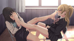  2girls akebi-chan_no_serafuku akebi_komichi barefoot black_hair black_skirt blazer blonde_hair blush chair classroom closed_eyes feet foot_focus foot_worship highres implied_masturbation indoors jacket kizaki_erika licking licking_foot monta multiple_girls pleated_skirt ponytail roubai_academy_school_uniform_(new) roubai_academy_school_uniform_(old) sailor_collar school_chair school_uniform sitting skirt smelling_feet sweat toes two_side_up yuri 