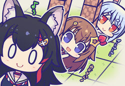  3girls :&gt; animal_ear_fluff animal_ears black_hair black_hoodie block_(minecraft) block_(object) blue_hair brown_hair chibi commentary_request eighth_note hair_between_eyes hair_ornament hololive hood hoodie hoshikuzu_no_yoru long_hair minecraft multicolored_hair multiple_girls musical_note o_o ookami_mio ookami_mio_(1st_costume) open_mouth peeking_out rabbit_ears rabbit_girl red_hair sidelocks smile stalking tokino_sora tokino_sora_(1st_costume) translation_request two-tone_hair usada_pekora virtual_youtuber wolf_ears wolf_girl 