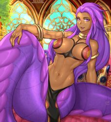  1girls arabian_clothes arbok arm_rings bed clothed coils dark_skin female game_freak gijinka humanoid lamia loincloth long_hair monster_girl naga neck_ring nintendo open_mouth pillows pok&eacute;mon_(species) pokemon purple_eyes purple_tail redjet ringtail scalie serpent serpentine snake snake_girl tail video_games 