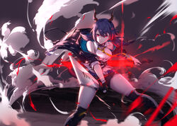  absurdres arknights black_shorts blue_hair breasts ch&#039;en_(arknights) commentary dragon_girl dragon_horns female fingerless_gloves gloves hair_between_eyes highres holding holding_sword holding_weapon horns jacket long_hair looking_at_viewer medium_breasts necktie red_eyes shirt shorts sidelocks solo sword tail twintails weapon white_shirt yumuto_(spring1786) 