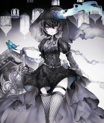  alice_(sinoalice) bad_id bad_pixiv_id blue_flower bug butterfly chains choker coffin dim00 dress earrings facepaint female fishnets flower goth_fashion hat highres holding holding_weapon jewelry looking_at_viewer puffy_sleeves red_eyes ribbon rose short_hair sinoalice solo tattoo thighhighs top_hat veil weapon zettai_ryouiki 