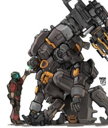  1boy 1other absurdres assault_visor bad_id bad_pixiv_id black_gloves blue_eyes bt-7274 fingerless_gloves fs-1041 gloves glowing glowing_eye gun gun_on_back helmet highres jack_cooper looking_down looking_up machine_gun machinery male_focus mecha mecha_focus moku_(pintor09) on_one_knee one-eyed pilot_helmet pilot_suit predator_cannon robot science_fiction signature titan_(titanfall) titanfall_(series) titanfall_2 vanguard_(titanfall_2) weapon weapon_on_back white_background 