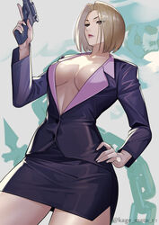  absurdres black_jacket black_skirt blonde_hair breasts brown_eyes center_opening chains cleavage collarbone female gun highres hunter_x_hunter jacket kagematsuri large_breasts long_sleeves miniskirt pakunoda parted_bangs pencil_skirt revision short_hair skeleton skirt solo thighs weapon 