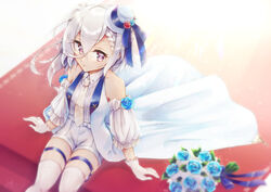  arm_support armpit_peek asymmetrical_hair azur_lane bare_shoulders blue_flower blue_ribbon blue_rose bouquet braid breasts bridal_garter collared_shirt commentary_request cross crossed_bangs detached_sleeves dress female flower french_braid frilled_sleeves frills gloves hat hat_flower hat_ribbon highres light_rays looking_to_the_side medium_hair mini_hat necktie open_clothes open_vest purple_eyes red_carpet ribbon rose satsuki_meguru shirt short_shorts shorts sidelocks signature sitting sleeveless sleeveless_shirt small_breasts solo sparkle striped_clothes striped_shirt thighhighs tilted_headwear vertical-striped_clothes vertical-striped_shirt vest waistcoat wedding_dress white_gloves white_hair white_hat white_necktie white_shorts white_sleeves white_thighhighs white_vest z1_leberecht_maass_(azur_lane) 