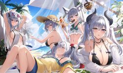  5girls absurdres animal_ears aoi_13 armpits arms_up bare_shoulders beach bikini black_bikini blue_eyes breasts brown_eyes character_request cleavage closed_eyes closed_mouth commentary copyright_request day eyewear_on_head food grey_hair hair_ornament hat heterochromia highres horns jewelry knees_up large_breasts long_hair long_sleeves looking_at_viewer lying multiple_girls navel necklace off_shoulder on_back on_stomach outdoors parted_lips purple_eyes shirt sideboob smile straw_hat sunglasses swimsuit symbol-only_commentary twintails water white_shirt yellow_shirt 