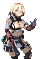  blonde_hair blue_eyes bob_cut breasts brown_gloves bubba_(watson_amelia) cosplay english_commentary eyebrows_hidden_by_hair female gloves grapple_pilot_(titanfall_2) gun hair_ornament handgun highres holding holding_gun holding_weapon hololive hololive_english knee_pads looking_at_viewer medium_breasts pilot_(titanfall_2) pilot_(titanfall_2)_(cosplay) pilot_suit re-45_auto sate science_fiction short_hair solo titanfall_(series) titanfall_2 v v-shaped_eyebrows virtual_youtuber watson_amelia weapon white_background 