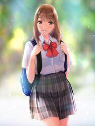  backpack bag blush bow bowtie brown_eyes brown_hair commentary female grey_skirt highres long_hair looking_at_viewer md5_mismatch nayuta69 original parted_lips red_bow red_bowtie resolution_mismatch school_bag school_uniform shirt shirt_tucked_in skirt smile solo source_larger white_shirt 