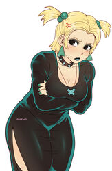  anger_vein artist_name black_dress black_eyes blonde_hair blush breasts choker cleavage cowboy_shot cross cross_necklace crossed_arms curvy dress dusk_(scooby-doo) earrings eyeshadow female goth_fashion green_nails highres jewelry leaning_forward long_sleeves makeup medium_breasts mole mole_above_mouth necklace pinkkoffin scooby-doo scooby-doo_and_the_witch&#039;s_ghost short_hair short_twintails side_slit simple_background solo spiked_choker spikes thick_thighs thighs triangle_earrings twintails white_background 