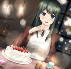  blush breasts brown_cardigan cake candle cardigan collared_shirt commission cureecoolan female food fruit green_eyes green_hair happy_birthday head_tilt highres kazama_touko lens_flare looking_at_viewer medium_breasts muv-luv muv-luv_alternative neck_ribbon open_mouth red_ribbon ribbon shirt skeb_commission smile solo straight-on strawberry white_shirt window 