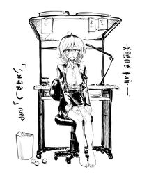  barefoot breasts commentary dagashi_kashi feet female glasses greyscale highres jacket kotoyama looking_at_viewer medium_hair monochrome open_mouth owari_hajime semi-rimless_eyewear shirt skirt solo toenails toes translation_request 