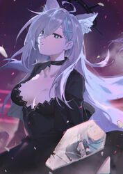  aged_up animal_ear_fluff animal_ears assault_rifle black_dress blue_archive blue_eyes breasts broken_halo cleavage collarbone cross_hair_ornament dress extra_ears female grey_hair gun hair_ornament halo highres long_hair long_sleeves looking_at_viewer medium_breasts parted_lips reflection rifle shiroko_(blue_archive) shiroko_terror_(blue_archive) sig_556 sig_sauer solo tsuiru weapon wolf_ears 