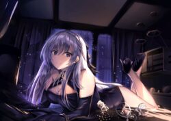  azur_lane bare_shoulders belfast_(azur_lane) belfast_(the_noble_attendant)_(azur_lane) blue_dress blue_eyes bracelet braid breasts cleavage commentary criss-cross_halter cup curtains dress drinking_glass eien_no_juu_nana-sai elbow_gloves female flower_ornament french_braid gloves gold grey_hair halter_dress halterneck high_heels highres jewelry long_hair lying night on_stomach smile solo sparkle the_pose window wine_glass 