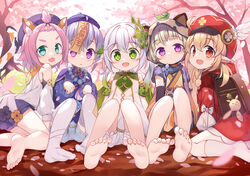  5girls animal_ear_fluff animal_ears backpack bag bandaged_leg bandages bangs_pinned_back bare_shoulders barefoot blonde_hair bloomers blue_headwear blue_shorts brown_kimono cabbie_hat cat_ears cat_girl cat_tail commentary_request day detached_sleeves diona_(genshin_impact) dress fake_animal_ears feathers feet flat_chest forehead fred04142 genshin_impact gradient_hair green_hair grey_hair hair_between_eyes hair_ornament hat hat_feather japanese_clothes kimono klee_(genshin_impact) leaf leaf_on_head long_sleeves multicolored_hair multiple_girls nahida_(genshin_impact) no_shoes obi ofuda on_ground outdoors petals pink_hair pointy_ears puffy_long_sleeves puffy_shorts puffy_sleeves purple_eyes purple_hair qingdai_guanmao qiqi_(genshin_impact) raccoon_ears raccoon_hood red_dress red_eyes red_headwear sash sayu_(genshin_impact) short_eyebrows short_shorts shorts side_ponytail socks soles tail thick_eyebrows thighhighs toes tree underwear white_bloomers white_dress white_feathers white_sleeves white_socks white_thighhighs 